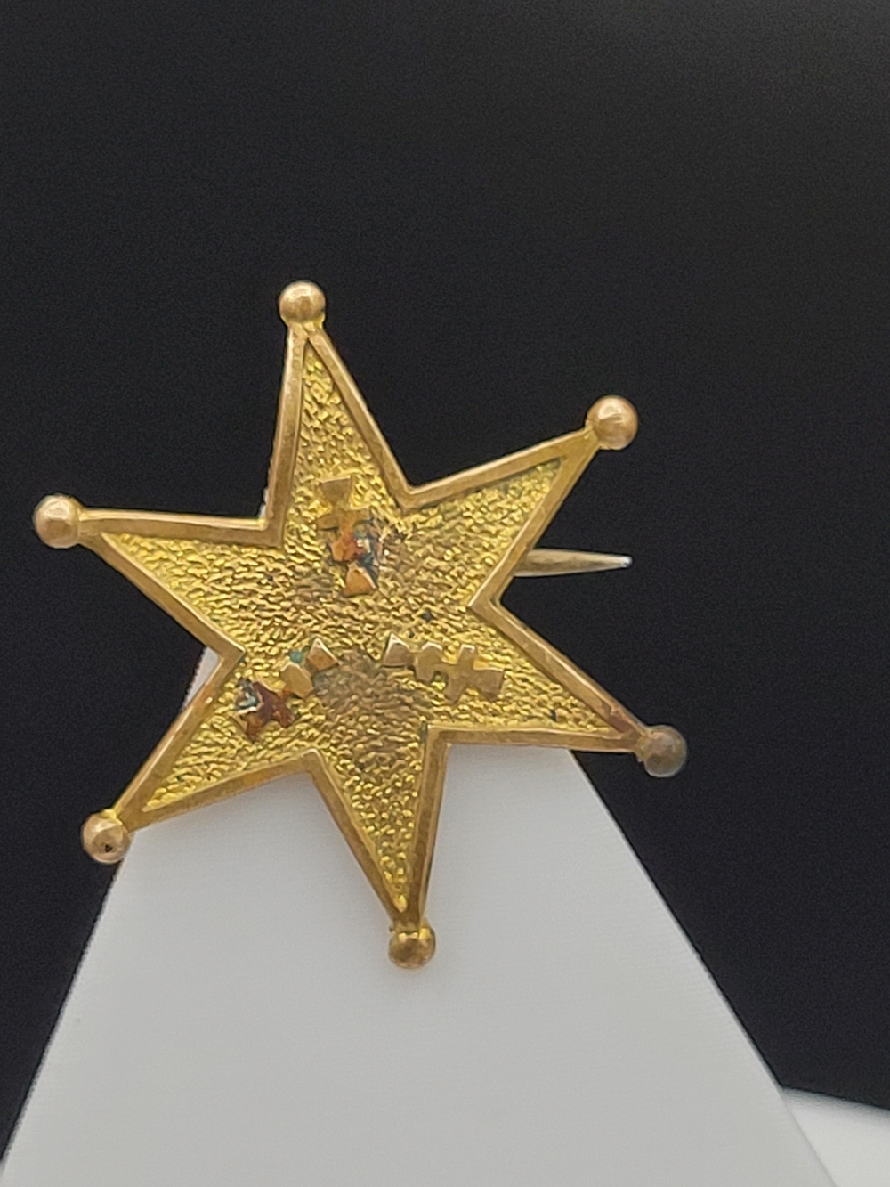 Antique Victorian Gold Tone Star Brooch Enamel Accents Six Point Ball Tips c1880 - Picture 3 of 8